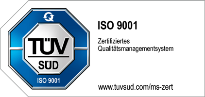 Quality management badge issued by TÜV Süd in accordance with ISO 9001
